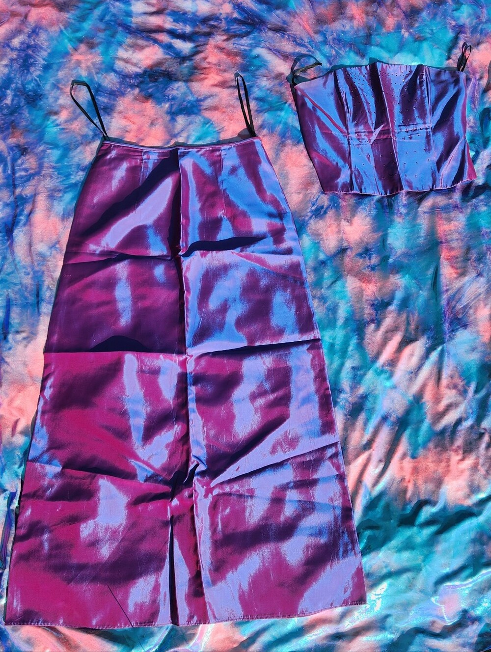 "Flaunt My Aura" Prom Iridescent Purple Satin Skirt & Crop Top Set